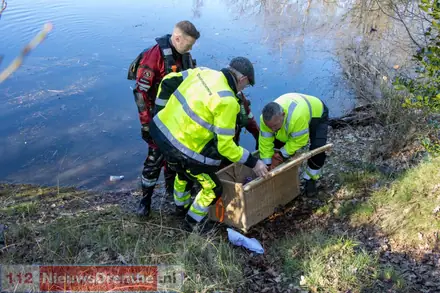 Hulpdiensten rukken uit voor in visdraad verstrikte reiger in Emmen — foto 3 van 4