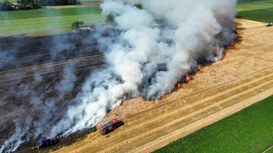 Flinke rookwolken bij akkerbrand in Erica
